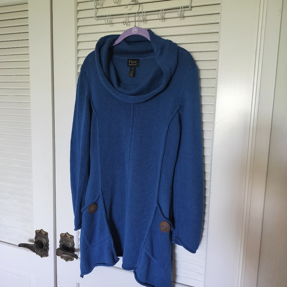 Pure Handknit Women's Ocean Blue 100% Cotton Cowl Neck High Low Sweater Size S/M